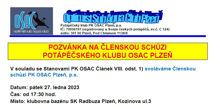 Právě si prohlížíte Pozvánka na Členskou schůzi PK OSAC Plzeň 27.1.2023